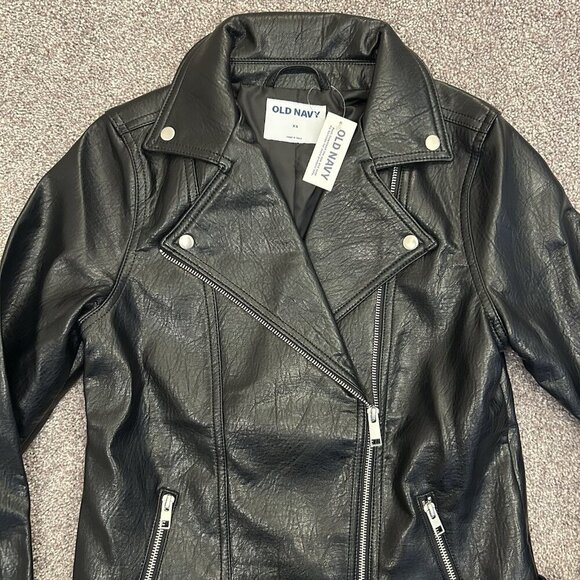 Old Navy Women's Faux Leather Belted Biker Jacket Size XS Black Full Zip NWT - Picture 7 of 16